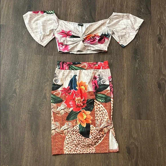 Chicme Red and Orange floral Pencil Skirt and Crop top set - Picture 1 of 4
